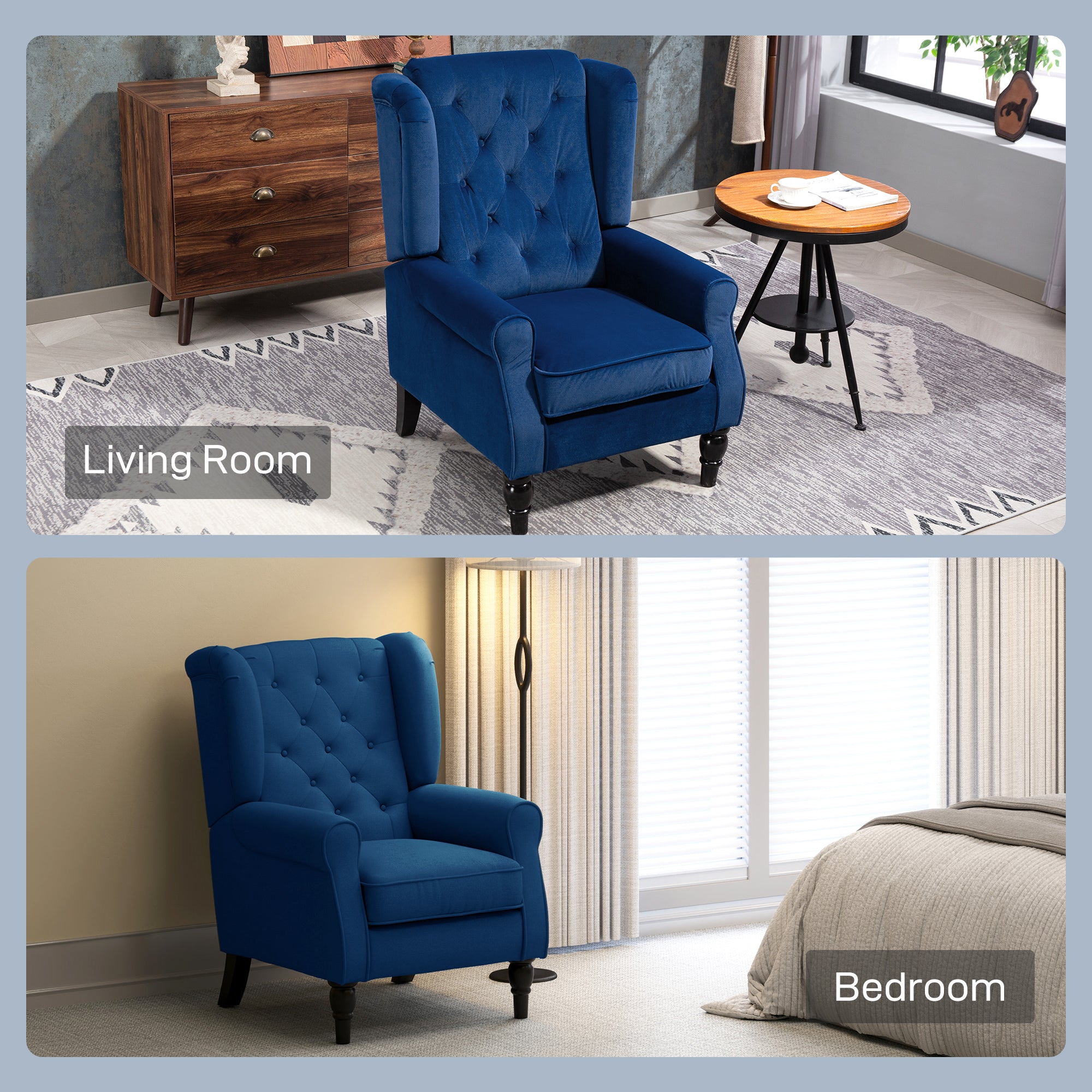 HOMCOM Wingback Accent Chair, Retro Upholstered Button Tufted Occasional Chair for Living Room and Bedroom, Blue